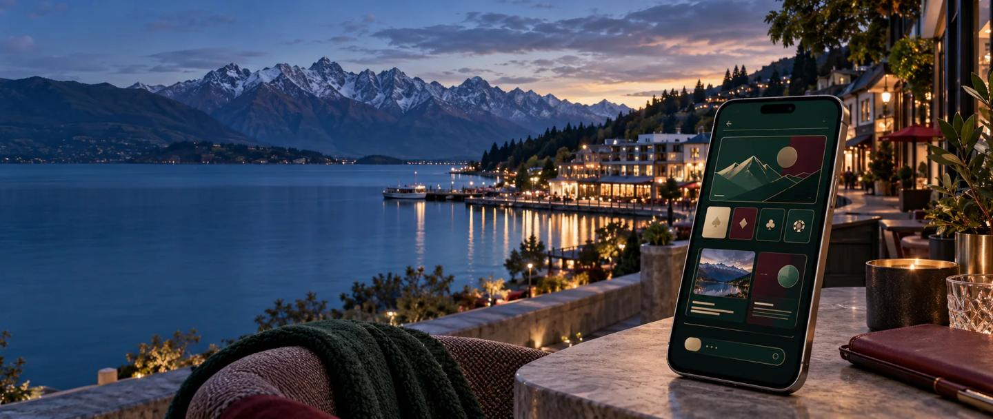 Queenstown and Lake Wakatipu at dusk beneath snow-capped mountains